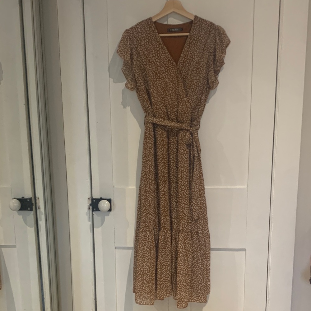 Flutter-Sleeve Brown Maxi Wrap Dress with Self-Tie Belt